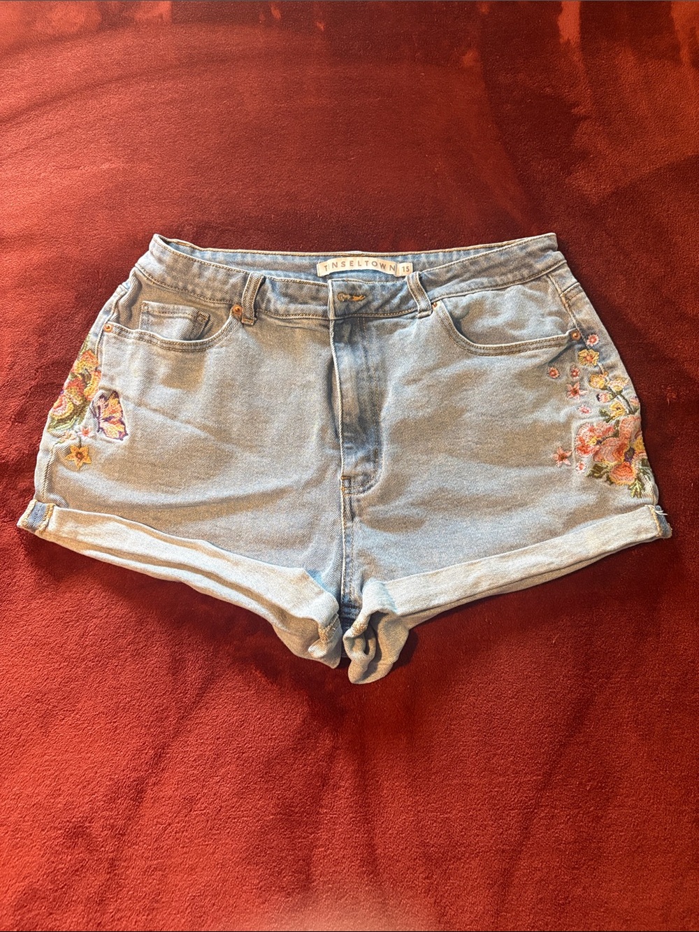 Tinseltown Light Blue Embroidered Denim Shorts